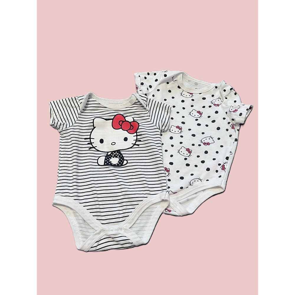 (2) Hello Kitty Short-sleeved Onesies Black_White Striped & Polka Dot size 6M